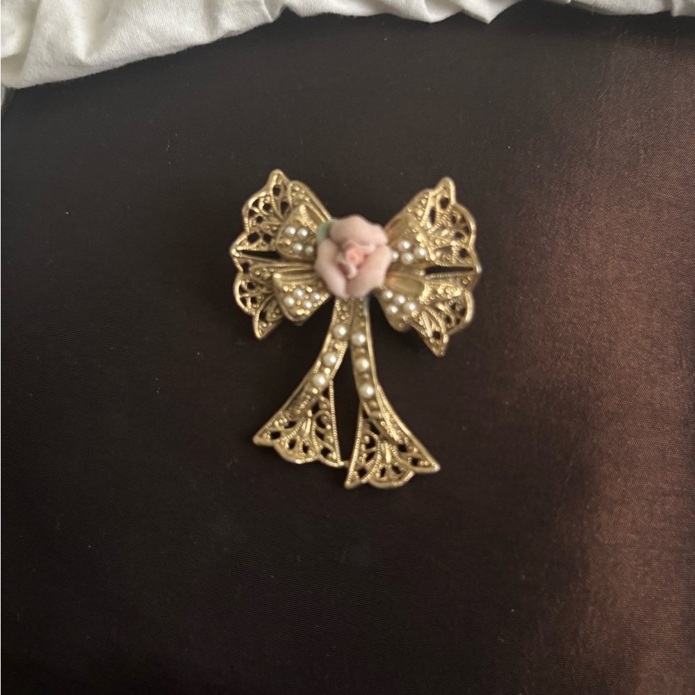 1928 Gold and Pink Bow Brooch